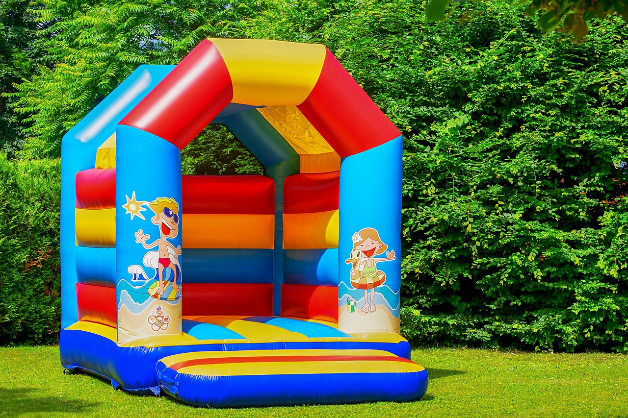 bouncy castle, air cushion, inflatable, soft, children, to play, pleasure, happy, fun, castle, multicoloured, colorful, game device, nature, play outside, leisure time, children's birthday, summer