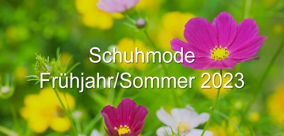 Schuhmode Frühjahr/Sommer 2023 - Damenschuhe im Trend - Schriftzug auf Blumenwiese